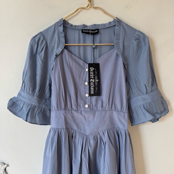 NWT Scarlet Darkness Blue Prairie Cottagecore Vintage Puff Sleeve Midi Dress S - Picture 3 of 7
